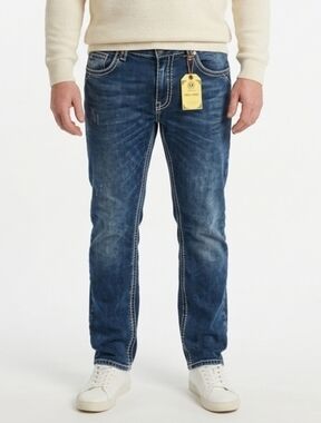 RNT23 Light Blue Jeans Size 38 with Orange and White Stitches